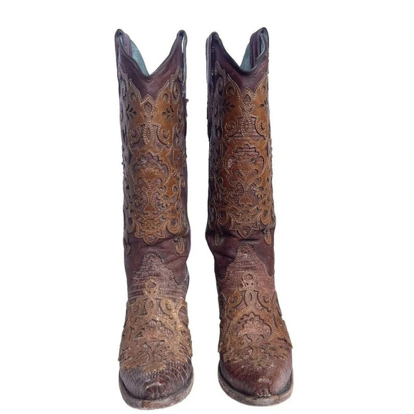 Vtg Corral C-1052 Women's Brown Leather Lizard Inlay Western Cowboy Boots 7.5 M - Picture 2 of 8